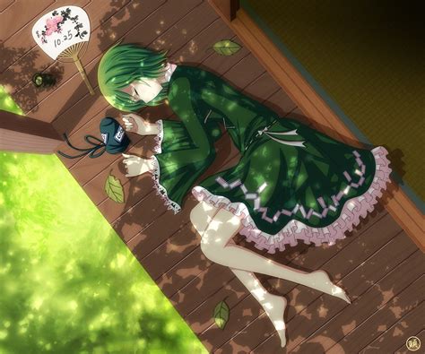 Wallpaper Leaves Illustration Anime Girls Short Hair Barefoot Grass Legs Sleeping