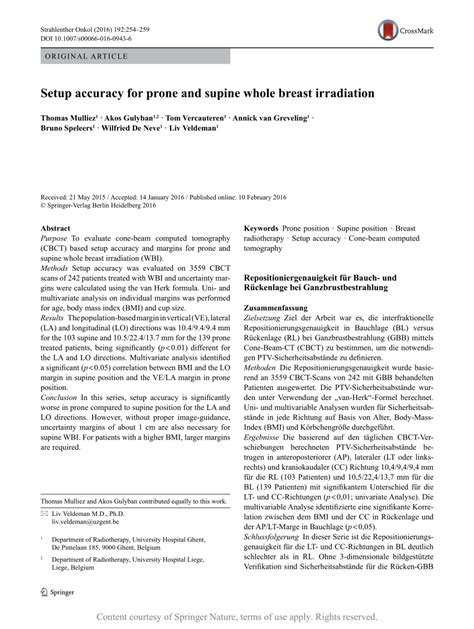 Setup Accuracy For Prone And Supine Whole Breast Irradiation Request Pdf