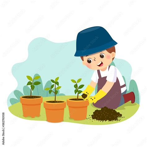 Vector illustration cartoon of a little boy doing gardening. Kids doing ...