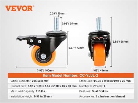 Vevor Roulettes Pivotantes Lot De Roulettes Pivotantes Tige Filet E