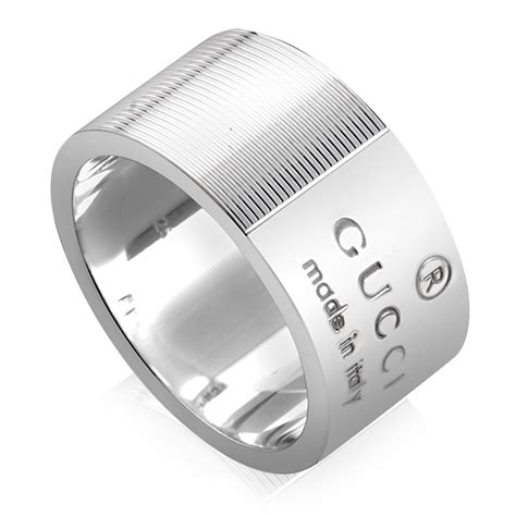 Gucci Womens Sterling Silver Wide Ridged Signature Band Ring