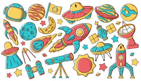 Colección de conjunto de iconos de doodle de espacio dibujado a mano