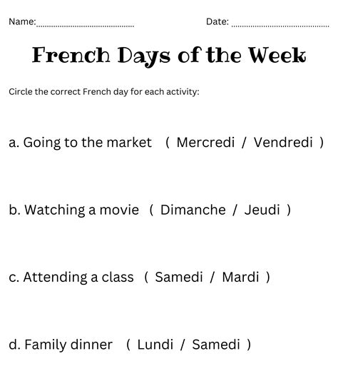 matching french days of the week worksheet - days of the week in french ...