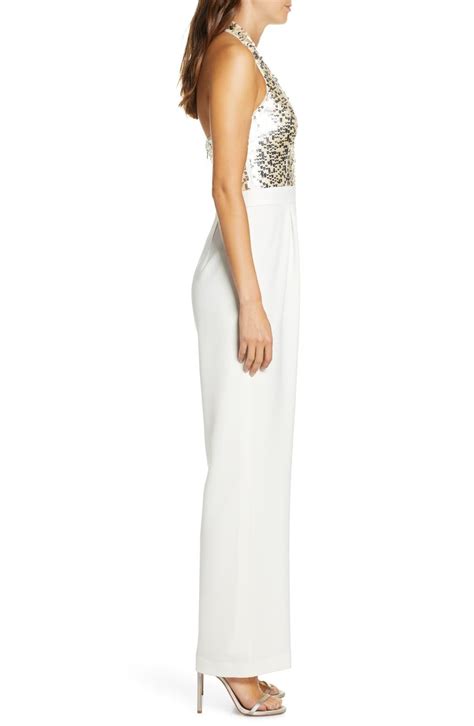 Vince Camuto Sequin And Crepe Halter Jumpsuit In Ivory White Lyst