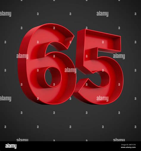 A 3D render of red block digits of the number 65 on a black background ...