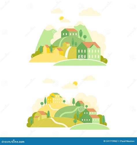 Kleinstadt Im Sommer Oder Frühjahr Landschaft Mit Grünen Hügeln Berge