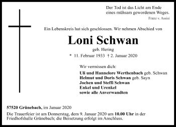 Traueranzeigen Von Loni Schwan Rz Trauer De