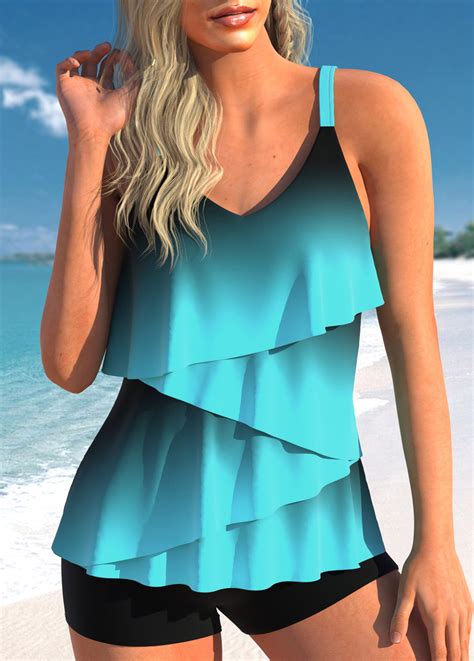 Rotita Layered Hem Cyan Ombre Tankini Top Rotita Usd