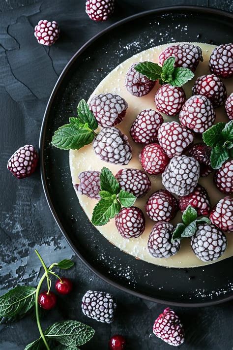 Elegant Dessert Presentation With Frosted Blackberries And Fresh Mint