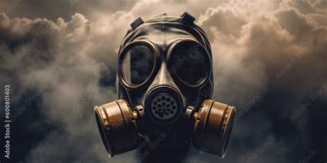 A gas mask amidst a cloud of toxic fumes, illustrating the dangers of industrial pollution ...