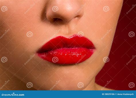 Labios Sensuales Con El Lápiz Labial Rojo Foto de archivo Imagen de