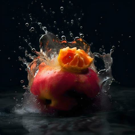 Red Apple Falling Into Water With Splash On Grey Background Studio