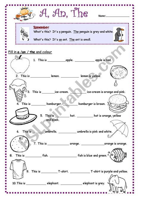 Articles Worksheet Esl