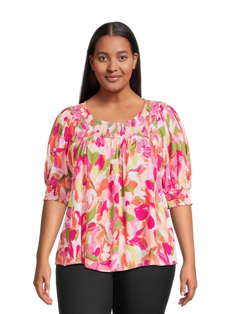 Terra And Sky Womens Plus Size Smocked Blouse With Keyhole Back Sizes