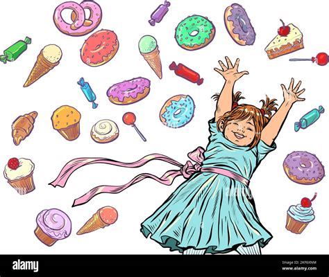 Joyful Happy Girl Confectionery Sweets Candy Cupcake Donut Cake Ice