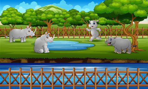 Scene with many rhinos playing in the zoo open cage 5952007 Vector Art at Vecteezy