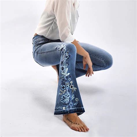 Embroidered Flowers Side Flare Style Women S Denim Jeans Etsy