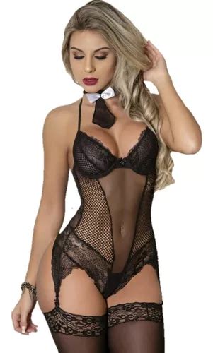 Lingerie Sexy Body Rendado Aro Cinta Liga E Meia Parcelamento Sem Juros