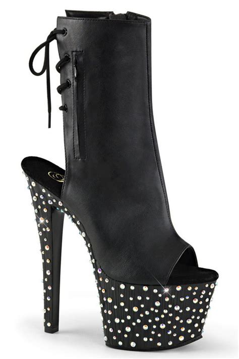 Black Faux Leather 7 Heel Rhinestone Platform Ankle Boot Spicy Lingerie