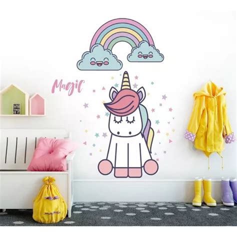 Vinil Decorativo Unicornio Arco Ris Y Estrellas Sticker Color