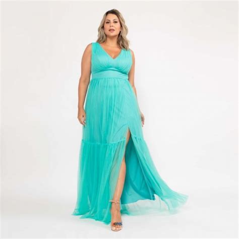 Vestido Plus Size Verde Tiffany Al A Larga Fenda E Uma Maria Em Tule