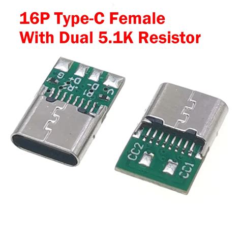 Usb Type C Female Connectors Jack With Dual 5 1k Resistors 16pin Usb