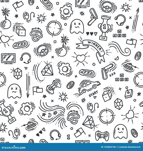 Seamless Pattern Of Gaming Objects Vector Illustration In Doodle Style