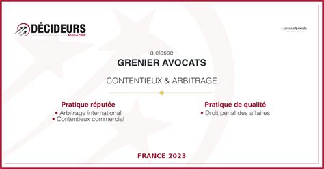 Classement Décideurs 2023 des Avocats Grenier Avocats