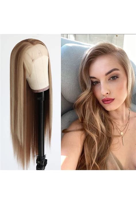 Oxeely Ombre Highlight Lace Front Wig Long Straight Brown Mixed Honey