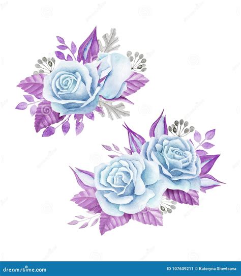 Blue Roses Bouquet Watercolor Illustration Cute Vintage Style Wreath