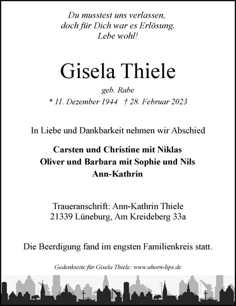 Traueranzeigen Von Gisela Thiele Trauer L Neburg De