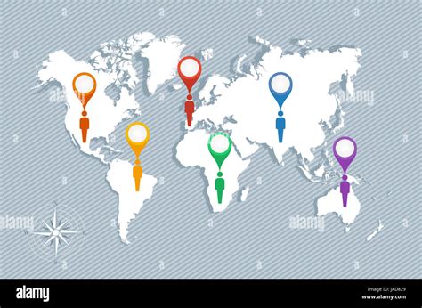 World Map Geo Position Pointers And Men Figures Illustration Eps10