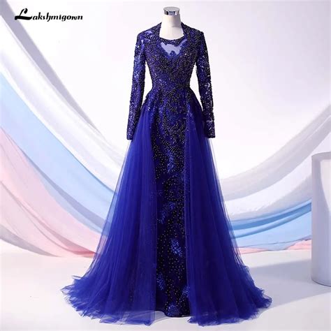 Luxury Navy Blue Latest Design Evening Dresses 2020 Long Sleeves A Line