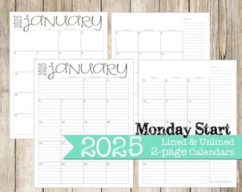 Monthly Page Lined Unlined Calendars X Jan Etsy