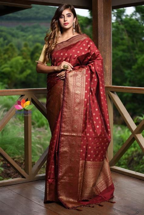 Maroon Shade Banarasi Katan Silk Handwoven Saree In 2020 Saree