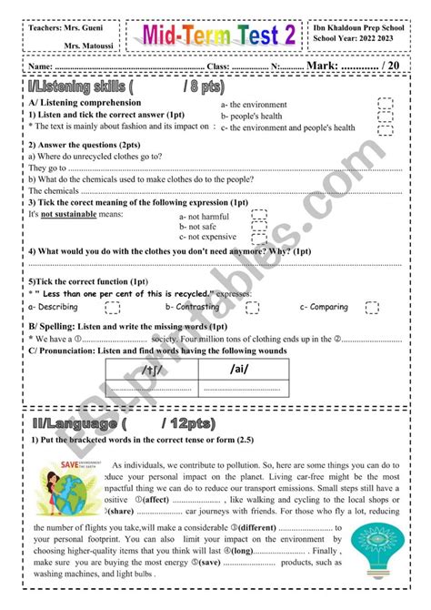 Mid Term Test 2 9th Form ESL Worksheet By Mouna Gueni