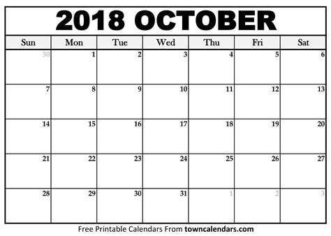 Printable October 2018 Calendar - towncalendars.com