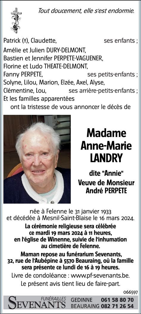 Avis De Décès De Anne Marie Landry Décédé Le 16032024 à Mesnil Saint