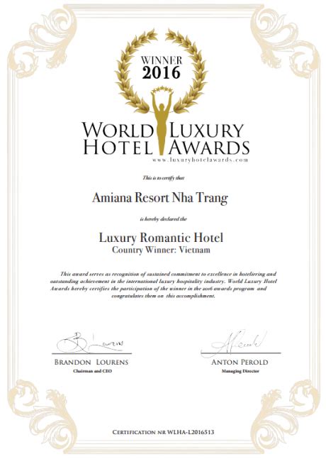 Winner 2016 World Hotel Luxury Awards Amiana Resort Nha Trang