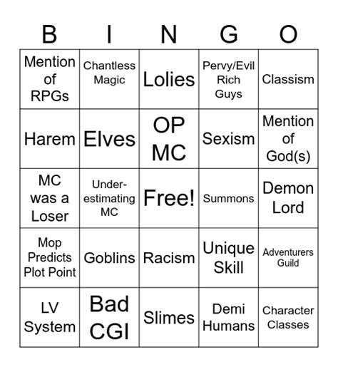 Isekai Bingo Card