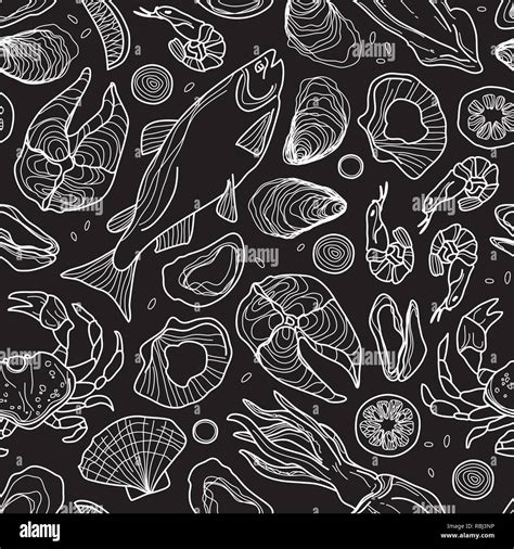 Hand Drawn Seafood Seamless Pattern On Black Oysters Fish Squid