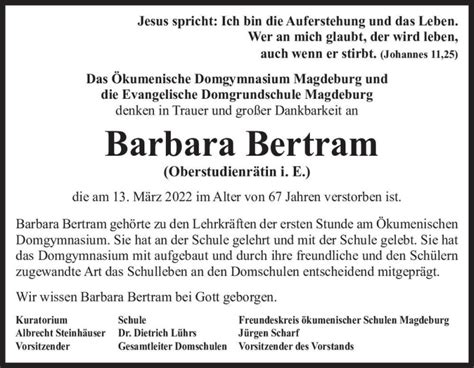 Traueranzeigen Von Barbara Bertram Abschied Nehmen De