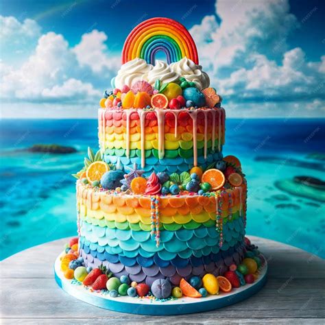 Premium Photo | A rainbow cake with rainbow colors on it