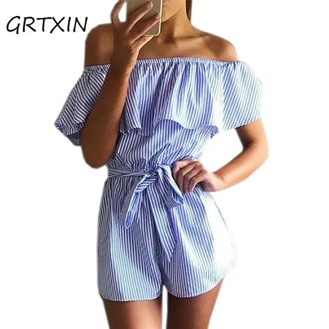 Ruffles Slash Neck Beach Playsuits Summer Women Striped Jumpsuits Girls Sexy Casual Playsuit