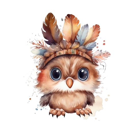 Premium Ai Image Cute Watercolor Owl With Flowers And Boho Plants