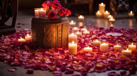 Premium AI Image | Rose pink petals on the floor with candles romantic ...