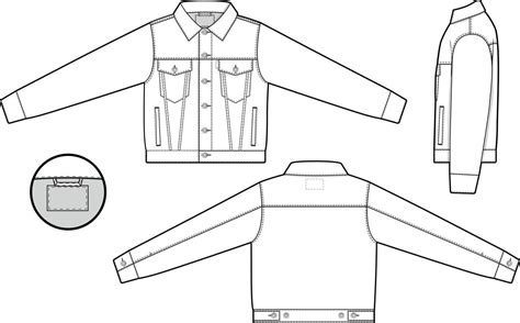 Men Unisex Cropped Denim Jean Jacket Trucker Vector Flat Technical Drawing Illustration Mock Up