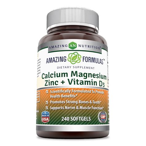 Amazing Formulas Calcium Magnesium Zinc Vitamin D3 240 Softgels Per Bottle Calcium 1000mg