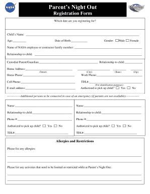 Fillable Online Starport Jsc Nasa Parent S Night Out Registration Form