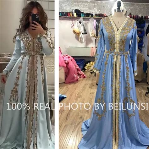 Light Blue Muslim Evening Dresses A Line Long Sleeve Satin Appliques